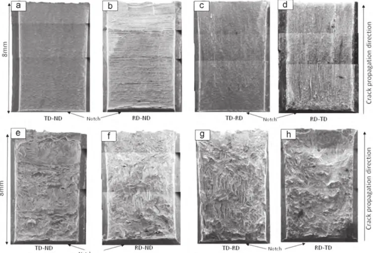 Fig. 8. Representative fracture surfaces for each orientation of the Charpy specimen of the α–β annealed material (a–d) and of the β annealed material (e–h).