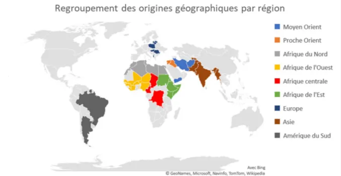 Figure  10 :  Représentation  des  regroupements  géographiques  effectués  sur  une  carte  du  monde 