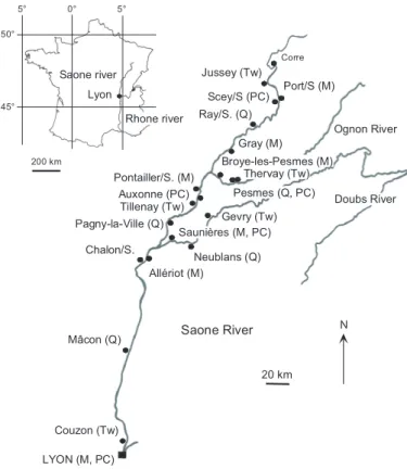Figure 21 – Site d’´etude et localisation des stations d’´echantillonnage de mollusques (M ) et des stations de mesure du d´ebit (Q), de la temp´erature de l’eau (T w ) et de la physico-chimie de l’eau (P C).