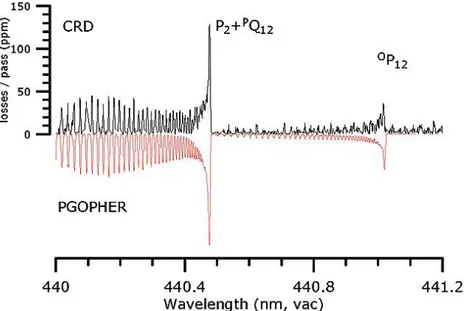 Figure 10 : Spectres de NCO obtenu par CRDS et calculé au moyen de PGOPHER 