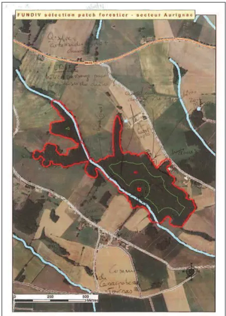 Figure 7. Exemple de fiche terrain annotée lors des visites des bois. Des coupes récentes ont été mentionnées pour une  rectification ultérieure des limites de bois sous SIG
