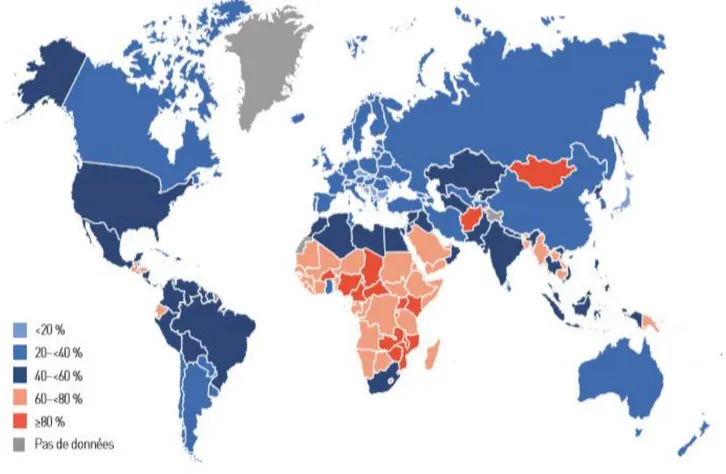 Figure 5 : Carte mondiale représentant le pourcentage de personne décédées des suites  d'un diabète avant 60 ans en 2019