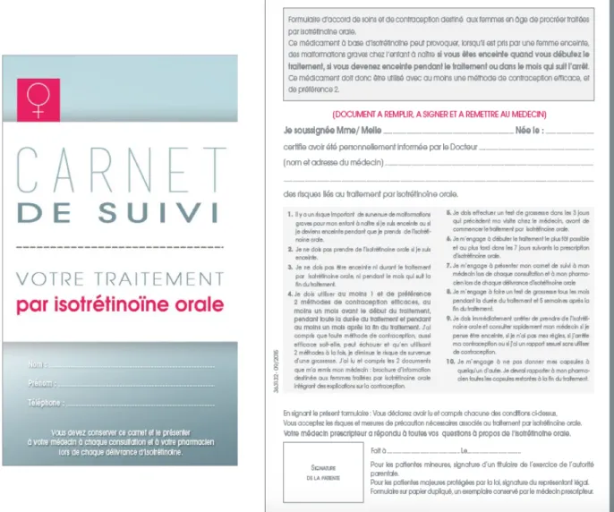 Figure 5 : Carnet de suivi sous Isotrétinoïne orale et formulaire d’accord de soins et de contraception
