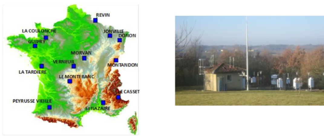 Figure 4 : Carte des sites de mesure MERA/EMEP et photo du site de Peyrusse-Vieille 