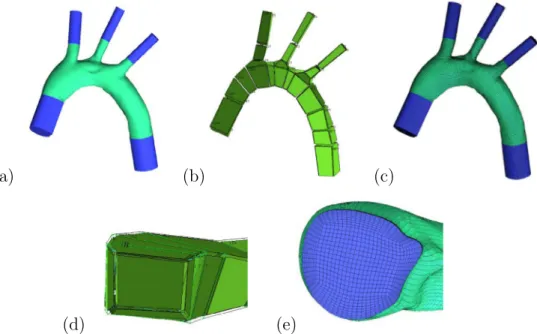 Fig. 3. Different steps used to build the mesh in ICEM CFD. (a) Extensions of the end of the vessel are indicated in blue