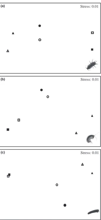 Fig. 4 Ordination (non-metric multidimensional scaling) of mixed fungal assemblages in oak leaf discs before and after invertebrate exposure (control versus exposed leaf disc) to (a) Proasellus sp