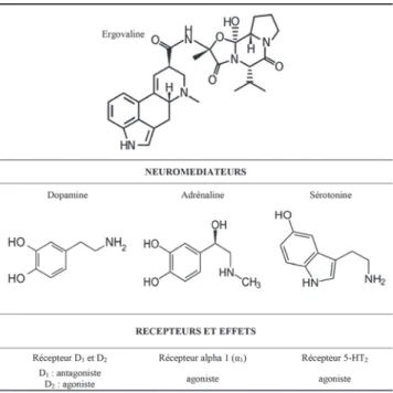 Figure 1 : Structures de l’ergovaline et des amines biogènes : nature des  effets.