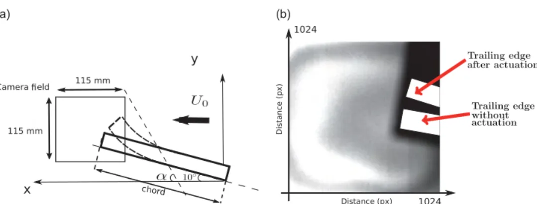 Fig. 2. (a) Sketch of the camera field at the trailing edge of the structure. (b) Recorded image with the trailing edge of the flat plate with and without actuation.