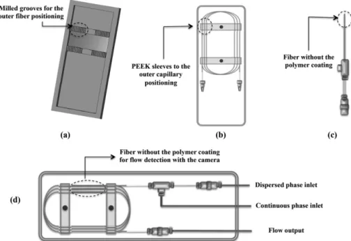 Figure 1. Fabrication steps: (a) PMMA chassis design; (b) outer capillary fixed on the chassis;