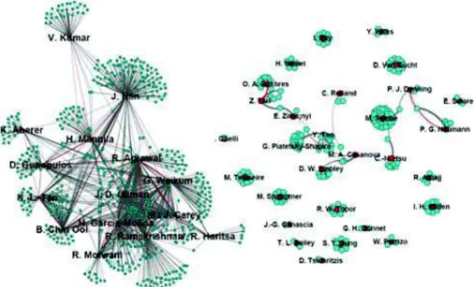Figure 4: The patterns ranked 1 st (left) and 8 th (right) from the DBLP network w.r.t