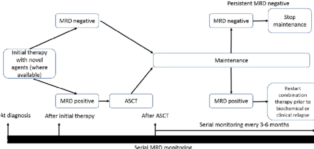 Figure 13 : scénarios possibles pour l'applicabilité clinique de la MRD dans le myélome (72) 