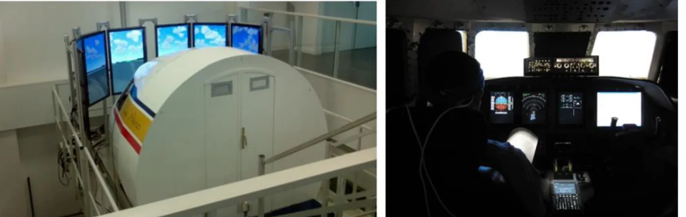 Figure 2. Left: outside view of the ISAE flight simulator; Right: inside view of the flight simulator with a participant equipped  with the fNIRS