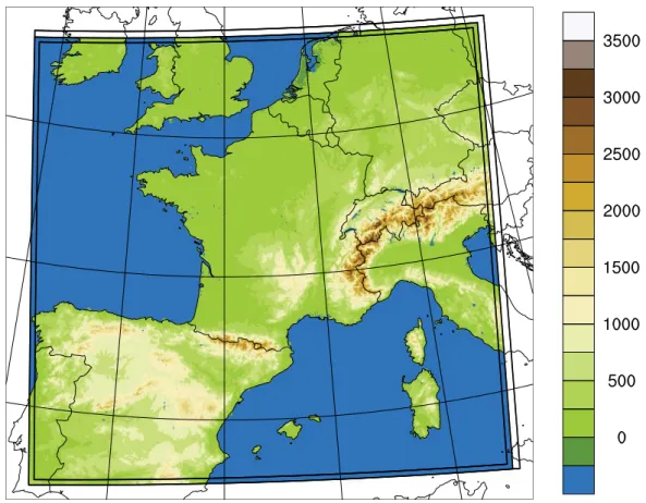 Figure 2.1. – Domaine et relief du modèle AROME au printemps 2014. Les zones C, I et E sont indiquées par les cadres noirs.