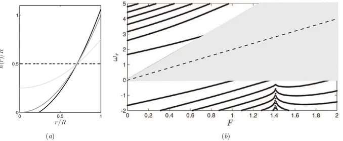 Fig. 2. Solid body rotation (with H/R = 0.5) : (a) shape of the free surface for F =[1, √