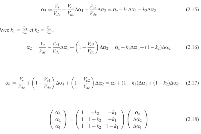 Figure 2.18: Découplage entre les rapports cycliques α s , ∆α 1 , ∆α 2 et les variations du courant de sortie i s des tensions flottantes v c1 et v c2 .
