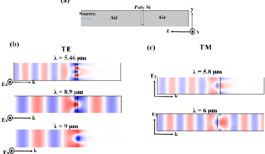 Figure 2.8: (a) Scheme of the unit cell of a PolySi/Air structure. (b) Field maps calculations for TE polarization at  the wavelengths λ = 5.46 µm, λ = 8.9 µm and λ = 9 µm