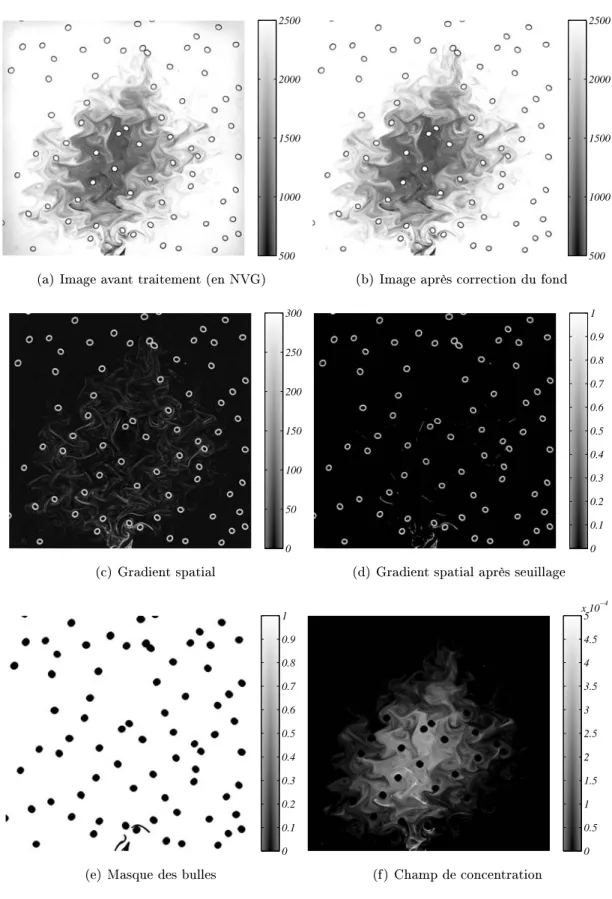 Figure 2.12  Description du traitement de l'image. α = 5.3%. 3 s après le début de l'injection