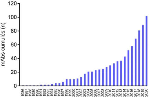 Figure 3 - Evolution du nombre de mAbs thérapeutique depuis 1986 –  Estimation du  nombre de mAbs incluant les anticorps actuellement en révision réglementaire par les organismes 