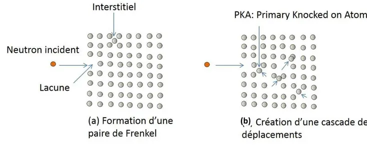 Figure  19  :  Illustration  du  dommage  induit  par  irradiation  dans  le  matériau  :  (a)  paire  de  Frenkel (défaut unique composé d’une lacune et d’un interstitiel), (b) cascade de déplacements  (défauts multiples)
