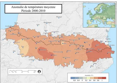 Figure 3 : Cartographie des anomalies de la température moyenne annuelle de l’ensemble des Pyrénées (2000- (2000-2010) (OPCC 2013 - http://www.opcc-ctp.org/)