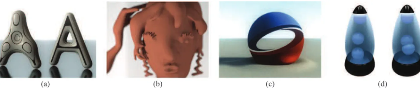 Fig. 1. (a) The unwanted bulge created by standard blending (left) is suppressed by our gradient-based method while preserving the desired topological genus (right)