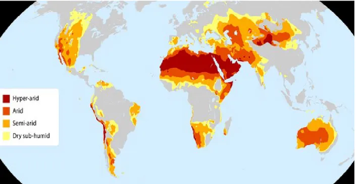 Figure  1.2  Répartition  des  différentes  zones  arides  à  la  surface  de  la  terre  (tiré  d’Organisation  des  Nations unies pour l’alimentation et l’agriculture (FAO), 2018)    
