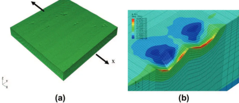 Fig. 10. Example of finite elements model built from surface topography – meshed volume (a) and detail of results (b).