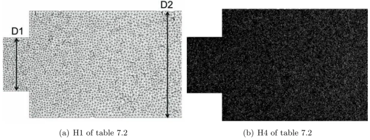 Figure 7.3: Meshes H1 and H4. H1 has 26-52 nodes for diameters D 1 -D 2 respectively, while H4 has 84-168 nodes for diameters D 1 -D 2 respectively (from the figure it is almost impossible to distiguinsh elements of mesh H4 which are 4 times smaller than t