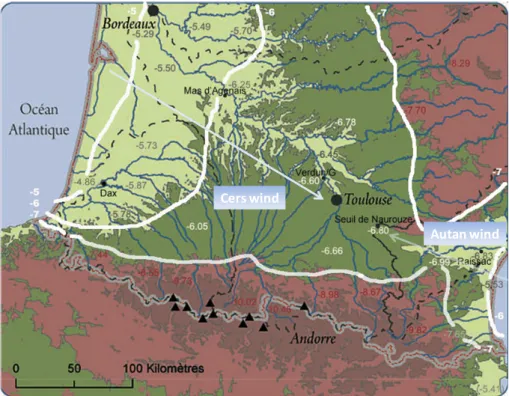Figure 1. The Southwest of France with the localization of the sample sites with the typical  δ 18 O value of the groundwater (in white) and the upstream basin (in red)
