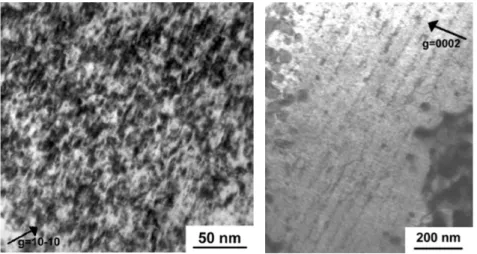 Figure  I.12 :  Observation  au  MET  des  boucles  &lt;a&gt;,  Zircaloy-4  rec ristallisé,  T IR R =280°C,  0.5 10 25  n.m -2  (gauche) et boucles &lt;c&gt;, M5, T IRR = 350°C, 12 10 25  n/m² (droite, boucles vues  de profil) (Onimus  2003)