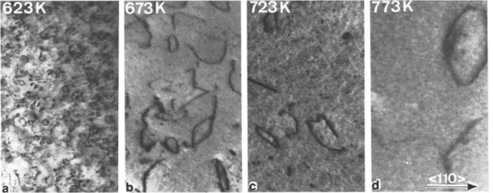 Figure 1.4: Dislocation loops observed for irradiation temperatures of 623-773 K in neutron-irradiated iron, transmission electron microscopy (TEM) observations (from [11]).