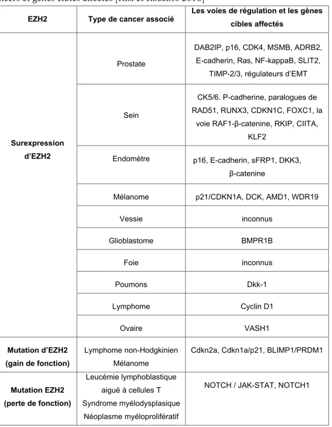 Tableau 2.2 – Surexpression et mutations d’EZH2 identifiées dans di fférents types de cancers et gènes cibles affectés [Kim et Roberts 2016]
