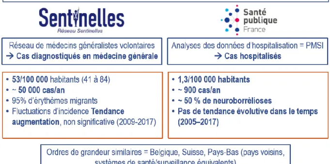 Figure 1 : surveillance de la borréliose de Lyme (issu du diaporama des 20emes journées nationales d’infectiologie à Lyon,  2019) [5]