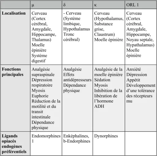 Tableau 4 : Les différents types de récepteurs opioïdes 