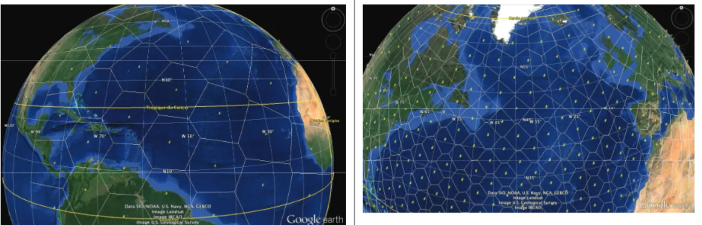 Figure 2 - Satellite spot beam coverage on North Atlantic zone: INMARSAT-V F2 (left),  hypothetical satellite (right) 