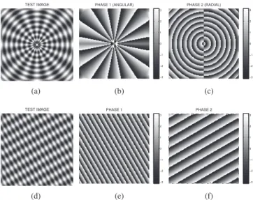 Fig. 1. First row from left to right: test image consisting of a superposition of an angular and a radial modulation, estimated first phase and estimated second phase
