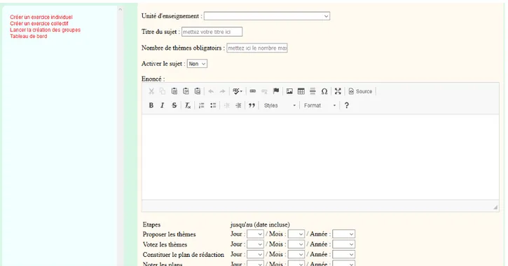 Figure 7: Création d’un exercice collaboratif par un enseignant sur « Exoline » Sur ce formulaire, l’enseignant doit :