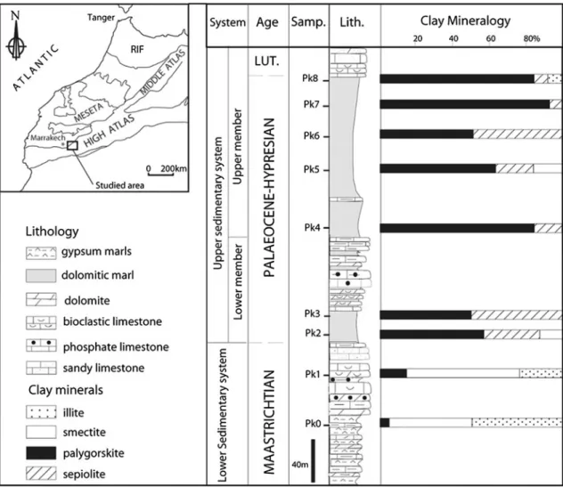 Fig. 2 Geographical location of the sampling area (top left corner). Lithology and clay mineralogy of the Asni section