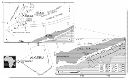 Figure 7 : A-B. Situation et esquisse hydrogéologique des aquifères du bassin de Tindouf 