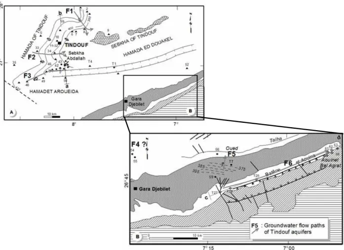Figure 15 : Hydrogéologie et principaux axes d’écoulement dans (A) les aquifères Hamadien et Viséen et  (B) les aquifères Dévonien et Cambro-Ordovicien.