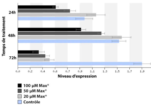 Figure 12 : Niveau d’expression relatif de CYCLINE D1 dans les cellules HeLa suite à des  traitements de 24, 48 et 72 heures à l’aide de 20, 50 et 100 µM de MAX* 