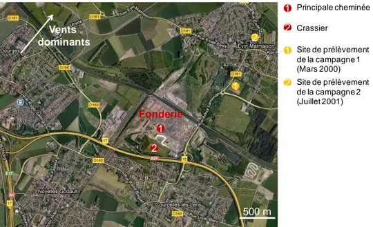 Figure 3 : Localisation du site industriel et des sites de prélèvements des particules pour les campagnes 2000- 2000-2001