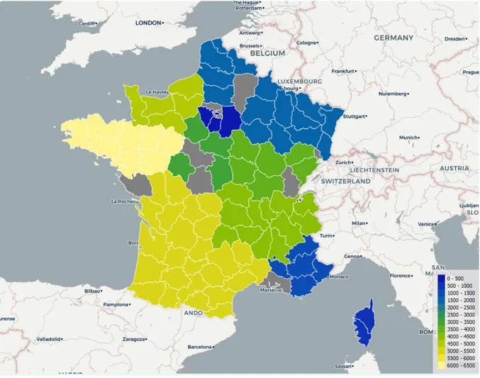 Figure 1 : densité des adhérents par région, ajusté à la population de + 60 ans (densité par 100 000  habitants de 60 ans ou plus)