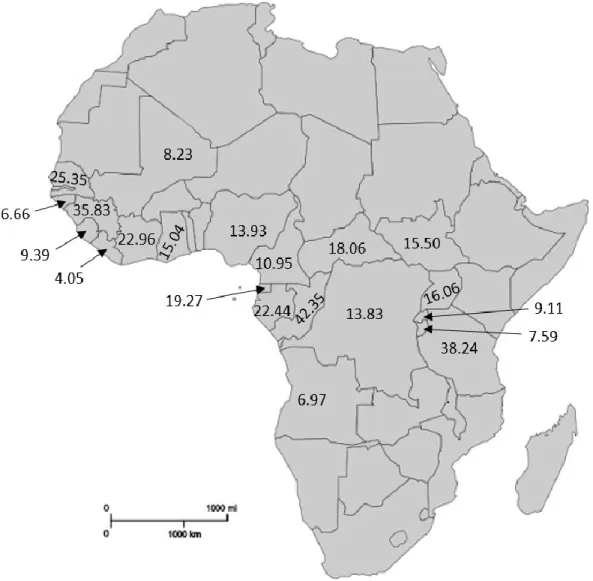 Figure 2.1 Pourcentage (%) de surface totale protégée dans les pays d’Afrique subsaharienne de l’aire  de répartition des grands singes africains : le chimpanzé (Pan troglodytes), le bonobo (Pan paniscus), le  gorille oriental (Gorilla beringei) et le gori