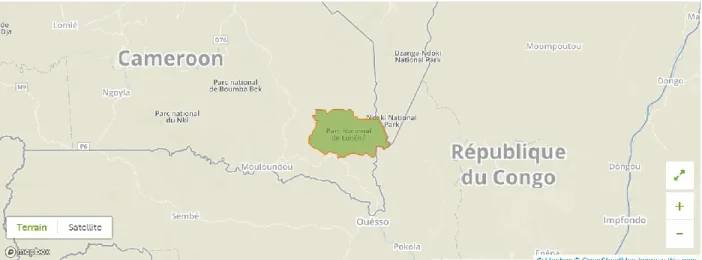 figure 3.2). Le parc est délimité à l’est par le fleuve Sanaga, adjacent à la frontière avec le Congo et la RCA  (Usongo et Nkanje, 2004; Yuh et al., 2019)