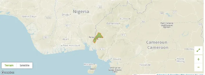 Figure 3.4 Localisation et délimitation du parc national Korup au Cameroun  