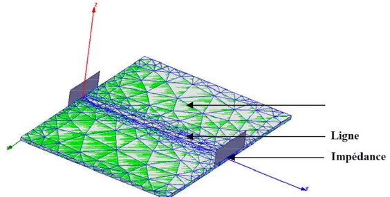 Figure 1-12  Maillage d’une ligne microruban avec la méthode MEF Les principaux avantages de la méthode FEM sont : 