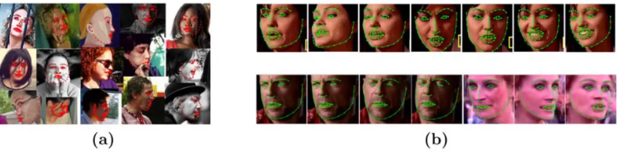 Figure 1.5 – Examples of facial landmark detection in: (a) 3D [8] and (b) 2D [7].