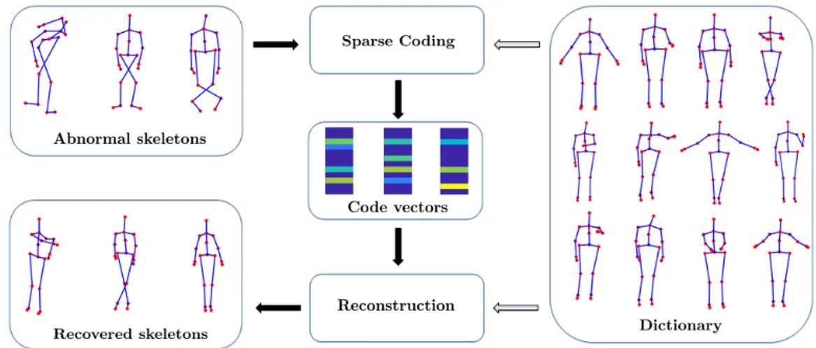 Figure 2.10 – Denoising of skeletal shapes using sparse coding. Abnormal skeletons are presented in the top left