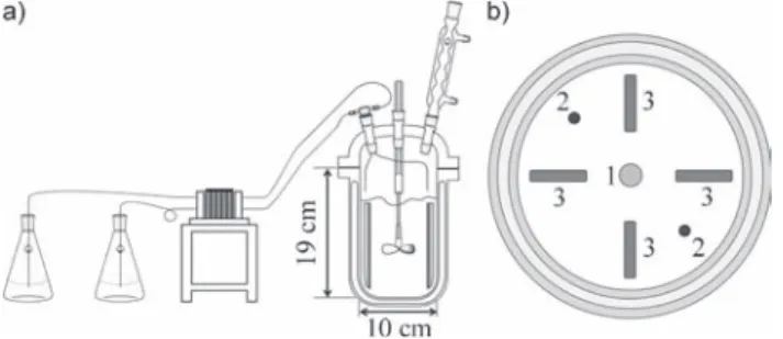 Fig. 1 a) Standard configuration of the precipitation devices. b) Positions of the marine propeller (1), the feeding (2) and the baffles (3) in the reactor, top view.